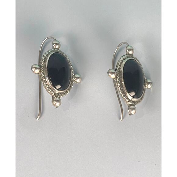 Taxco Jewelry - Taxco Mexico 925 Sterling Onyx Rope Bead Drop Hook Earrings 11.5g